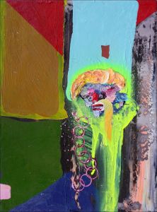 Dr. Struensee in the Prison Cell Before His Execution. Oil, varnish, spray colour and acrylic on canvas. 40 x 30 cm. 2023.