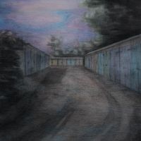 "Garagen", Aquarell, Bleistift und Farbstift auf Papier, 30 x 21 cm, 2021