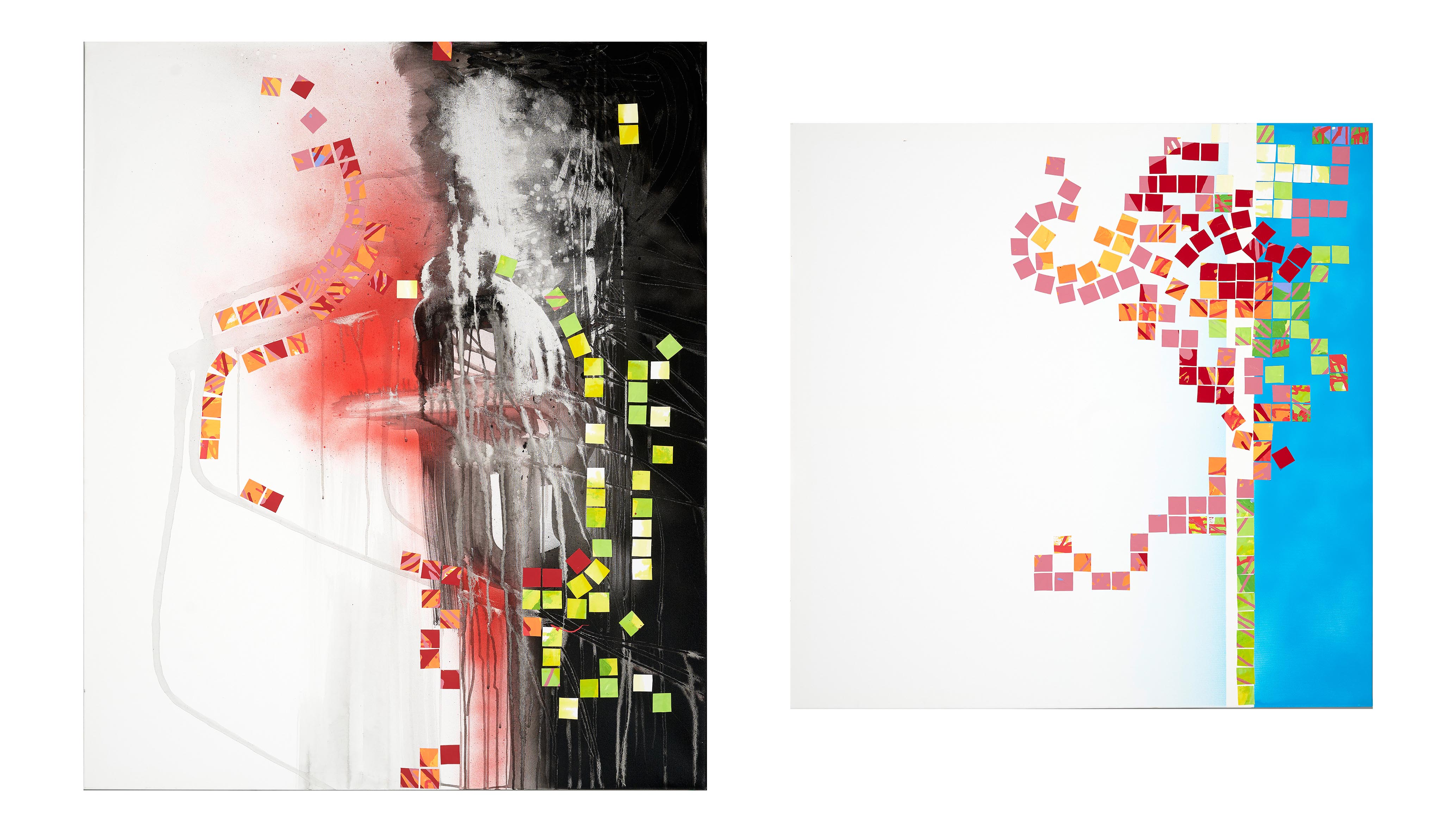 Emigration. 2022 , Acryl auf Leinwand , Collage, Diptychon, 90x70 + 70x70 cm