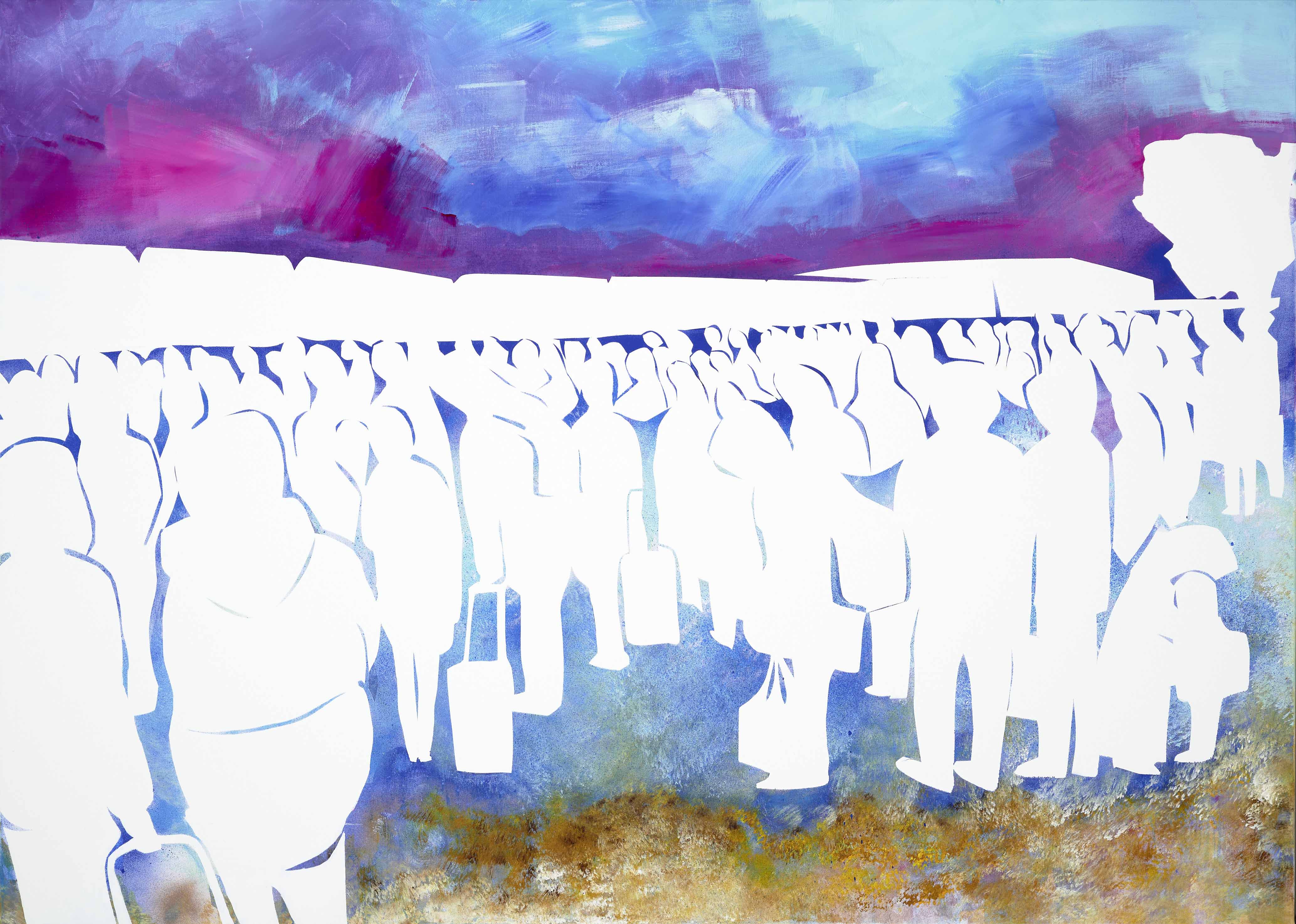 Ein Krieg, der die Menschen zwang, ihre Heimat zu verlassen. 2022 , Acryl auf Leinwand , 100x140 cm